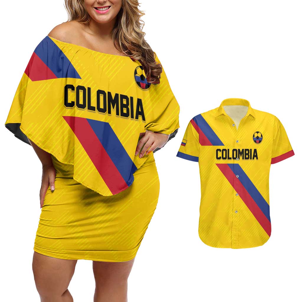 Custom Colombia Football Couples Matching Off Shoulder Short Dress and Hawaiian Shirt Vamos La Tricolor Retro Style