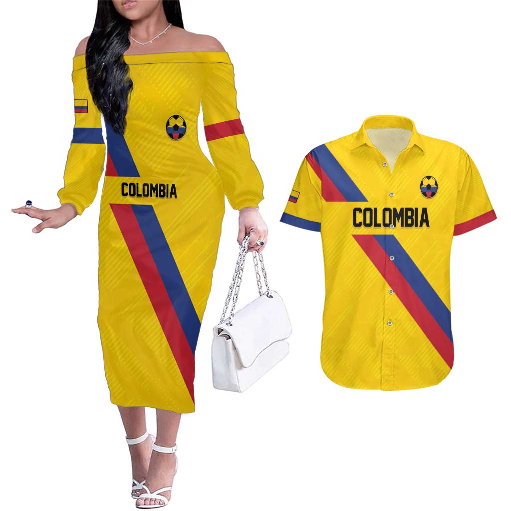 Custom Colombia Football Couples Matching Off The Shoulder Long Sleeve Dress and Hawaiian Shirt Vamos La Tricolor Retro Style