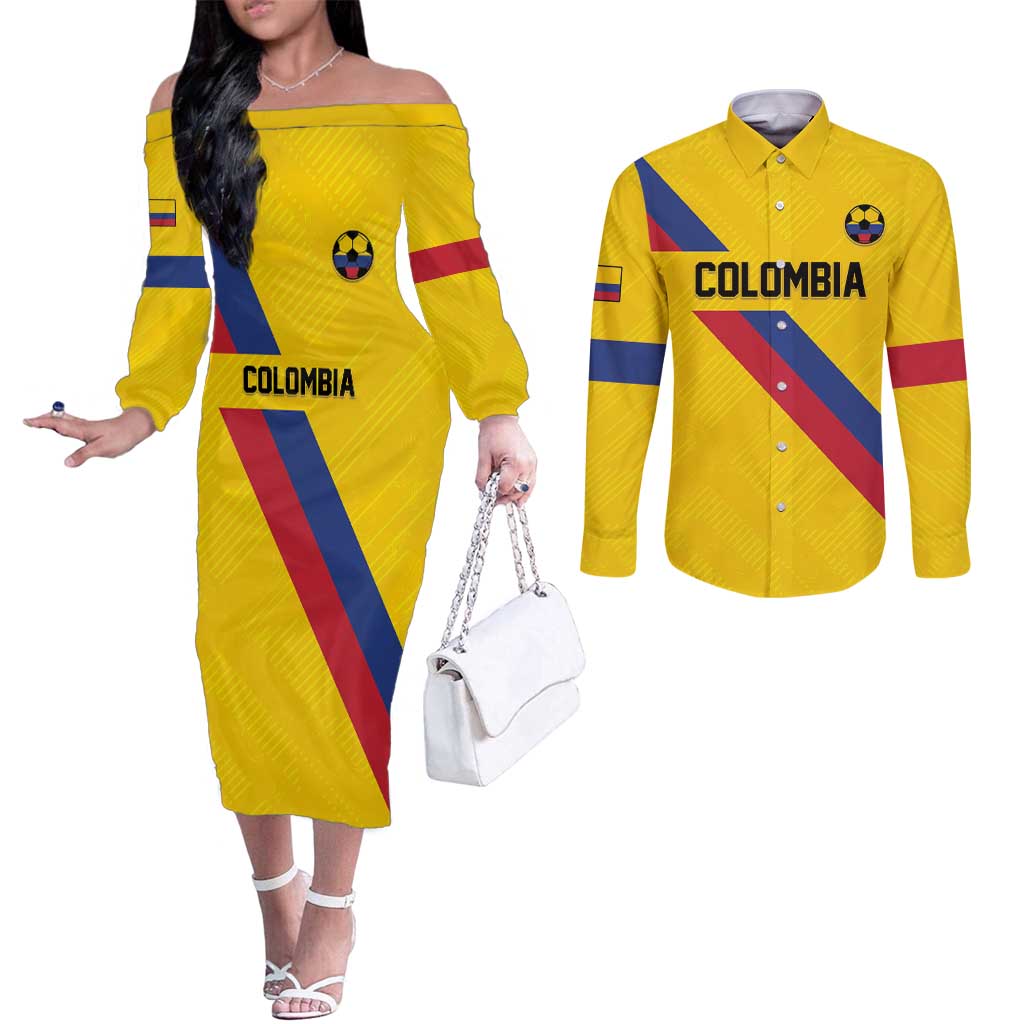 Custom Colombia Football Couples Matching Off The Shoulder Long Sleeve Dress and Long Sleeve Button Shirt Vamos La Tricolor Retro Style