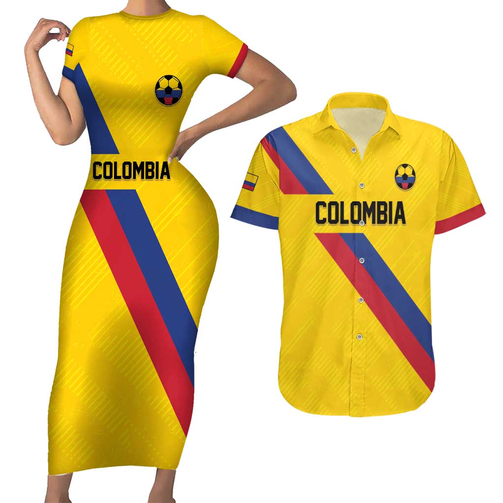 Custom Colombia Football Couples Matching Short Sleeve Bodycon Dress and Hawaiian Shirt Vamos La Tricolor Retro Style