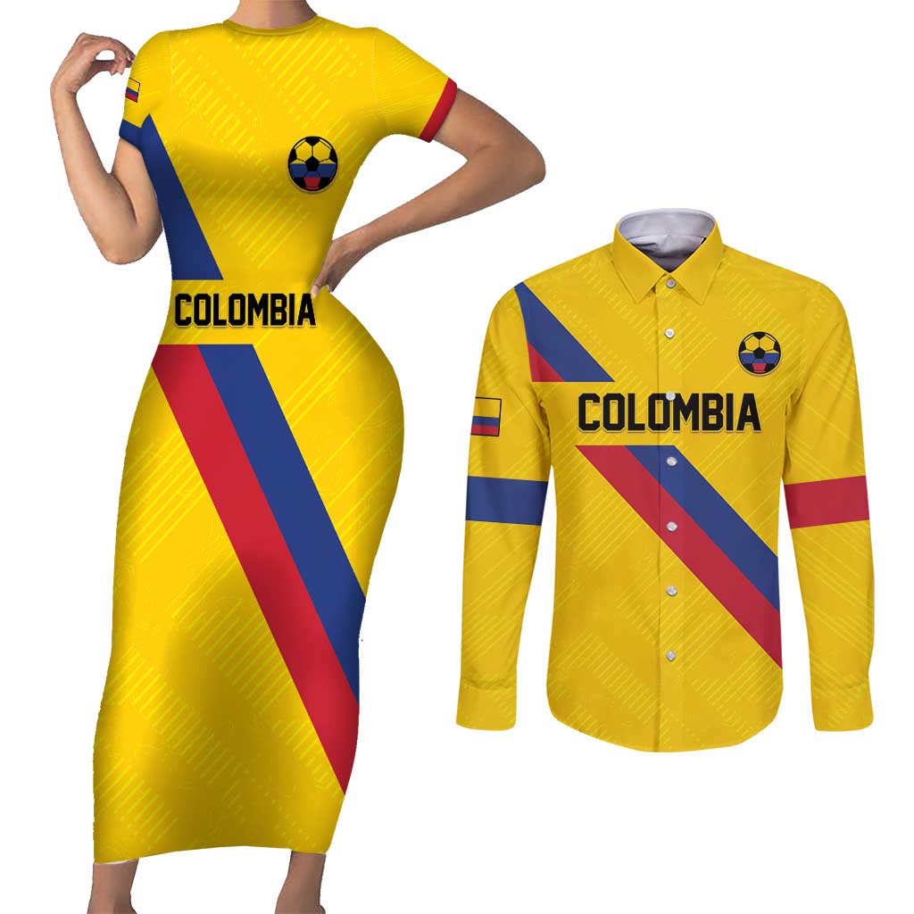 Custom Colombia Football Couples Matching Short Sleeve Bodycon Dress and Long Sleeve Button Shirt Vamos La Tricolor Retro Style