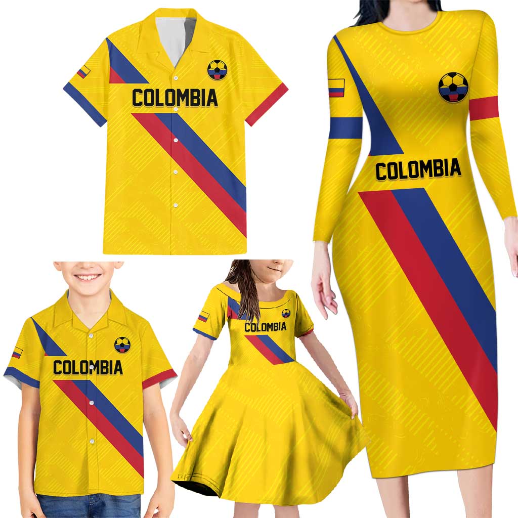 Custom Colombia Football Family Matching Long Sleeve Bodycon Dress and Hawaiian Shirt Vamos La Tricolor Retro Style