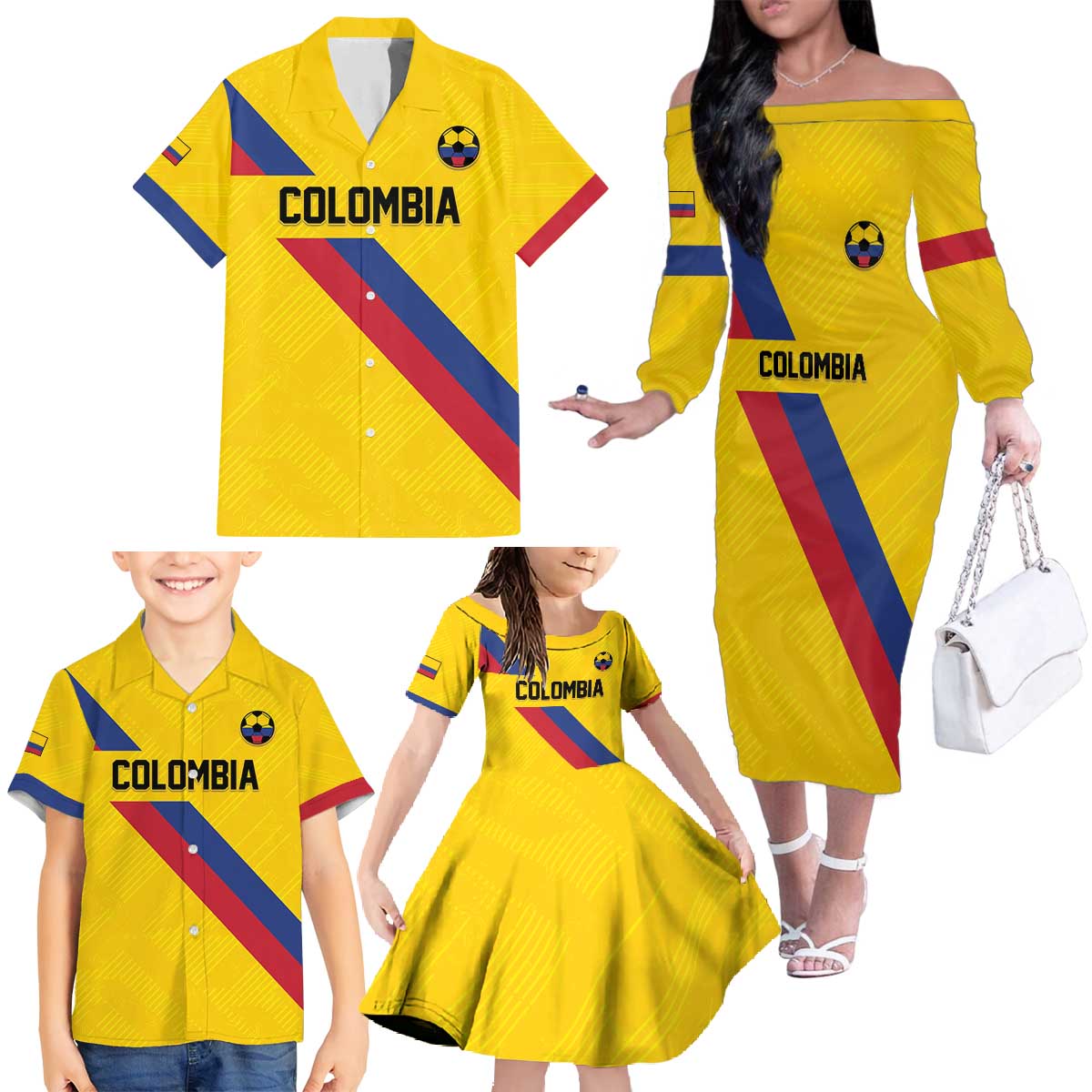 Custom Colombia Football Family Matching Off The Shoulder Long Sleeve Dress and Hawaiian Shirt Vamos La Tricolor Retro Style