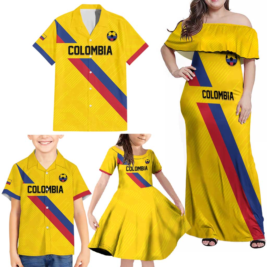 Custom Colombia Football Family Matching Off Shoulder Maxi Dress and Hawaiian Shirt Vamos La Tricolor Retro Style