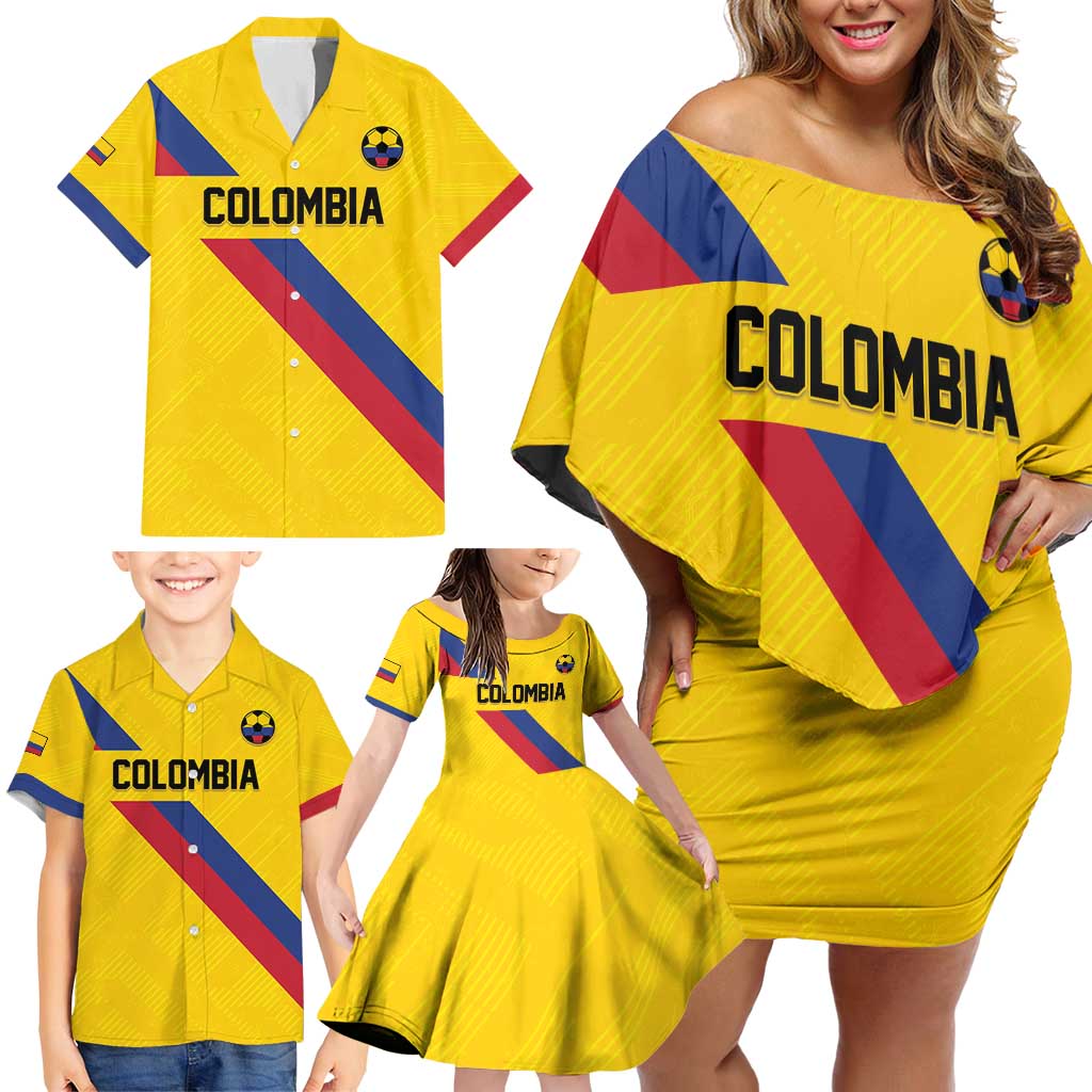 Custom Colombia Football Family Matching Off Shoulder Short Dress and Hawaiian Shirt Vamos La Tricolor Retro Style