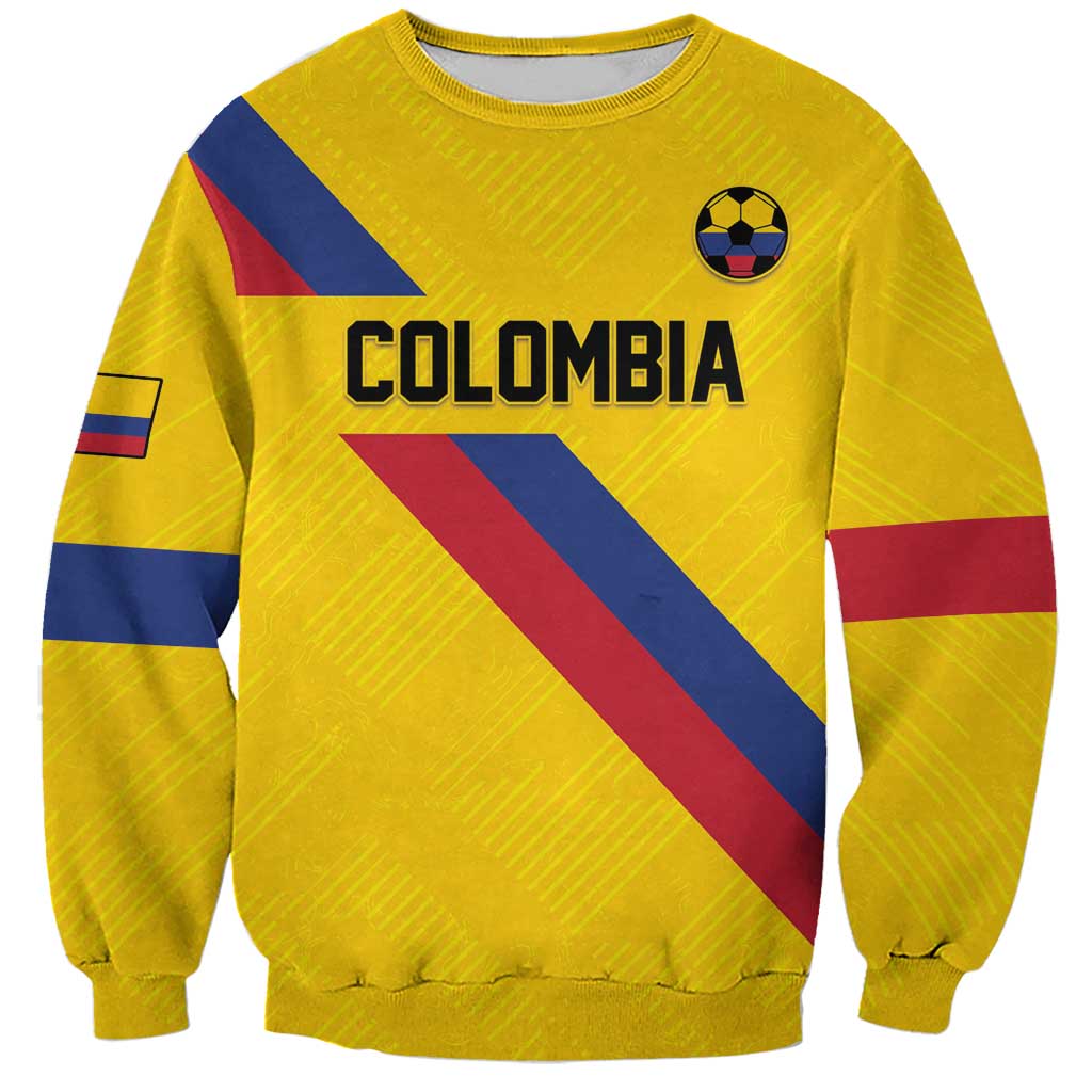Yellow football sweatshirt with Colombia front print, diagonal stripes, and flag sleeve