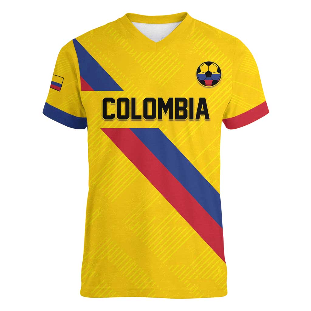 Custom Colombia Football Women V-Neck T-Shirt Vamos La Tricolor Retro Style