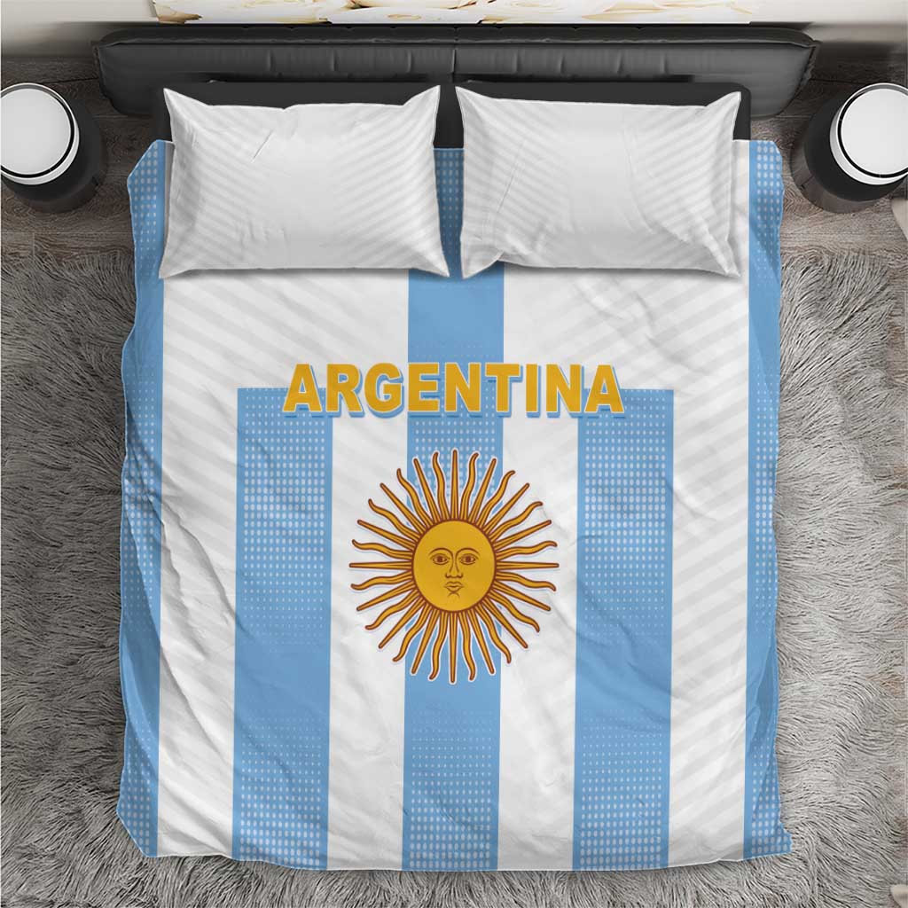 Flag-themed bedding set with light blue-and-white stripes, ARGENTINA text, sun emblem