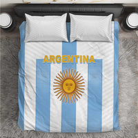 Flag-themed bedding set with light blue-and-white stripes, ARGENTINA text, sun emblem