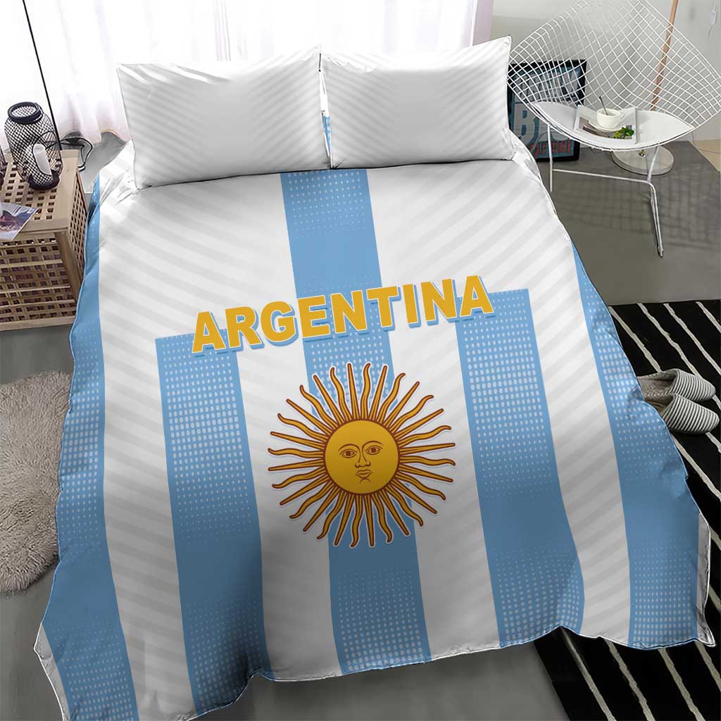 Bedding set with blue-and-white vertical stripe design, ARGENTINA text and sun emblem
