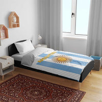 Flag-style duvet and pillow set on bed, blue-and-white stripes, ARGENTINA text, sun emblem