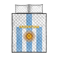 Argentina football quilt bed set with white quilt, light blue diagonal stripes, sun emblem, pillows