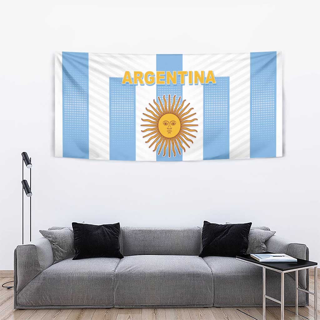 Argentina football-themed tapestry with light blue and white vertical stripes and sun emblem