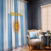 Argentina window curtains in blue and white stripes with gold sun emblem on a hanging panel.