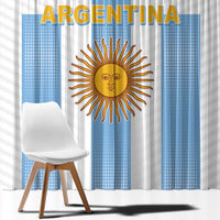 Close view of Argentina window curtains featuring gold sun face emblem and bold “ARGENTINA” text.