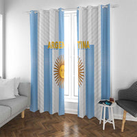 Argentina window curtains in blue stripes with gold sun emblem printed on multiple panels.