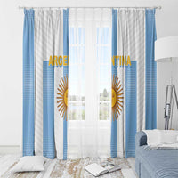 Argentina window curtain set with alternating blue stripe panels and gold sun emblem near center.