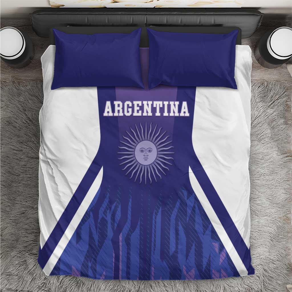 Argentina football bedding set on white base with purple sun emblem and two blue pillowcases