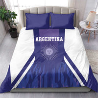 Argentina football bedding set featuring purple sun emblem on white with two blue decorative pillows