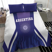 Argentina football bedding set, close view of purple-and-white duvet and two purple pillowcases