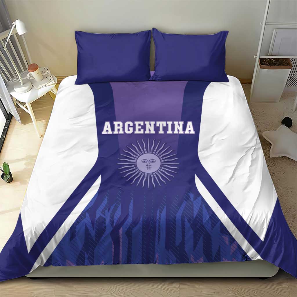 Argentina football bedding set with bold purple design, sun emblem, and two matching purple pillows
