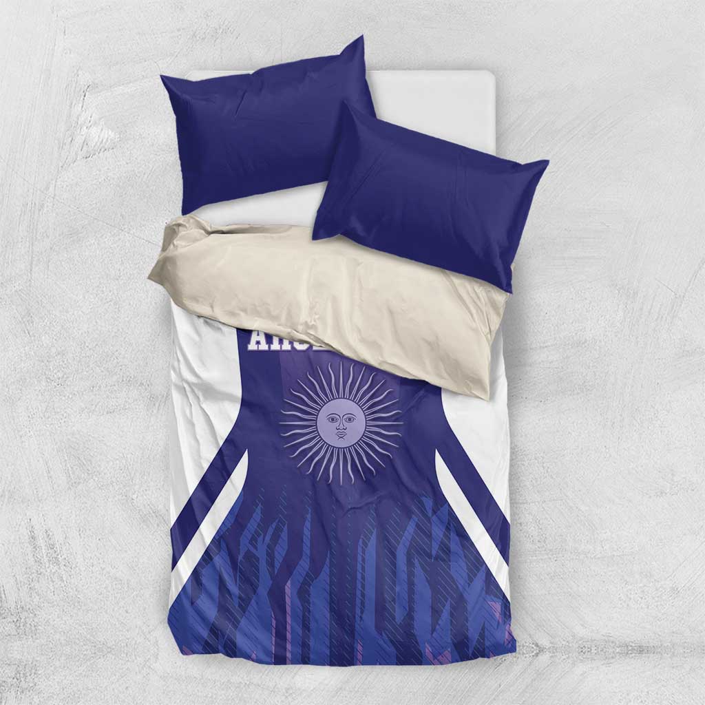 Argentina football bedding set in purple and white with crest graphic and two purple pillows