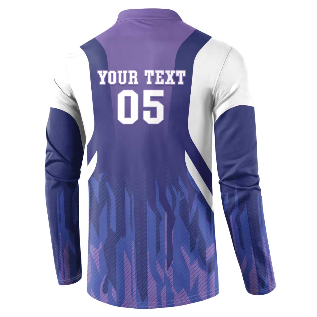 Purple and navy long-sleeve henley football sweatshirt with 'YOUR TEXT 05' on back
