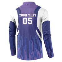 Purple and navy long-sleeve henley football sweatshirt with 'YOUR TEXT 05' on back