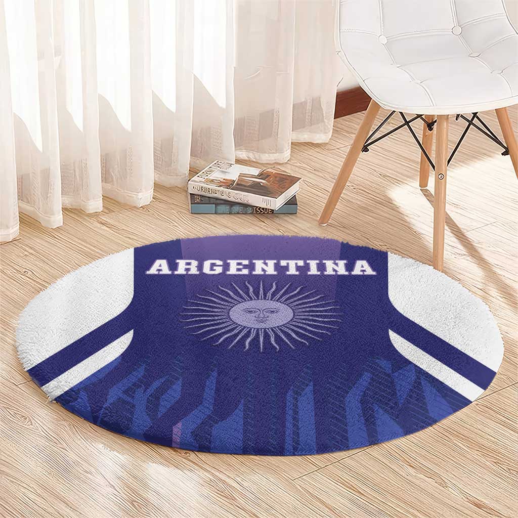 Purple round football carpet with Argentina flag sun emblem and ARGENTINA lettering