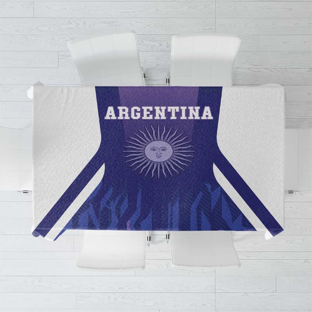 Purple Argentina football tablecloth with white edge stripes and sun emblem design