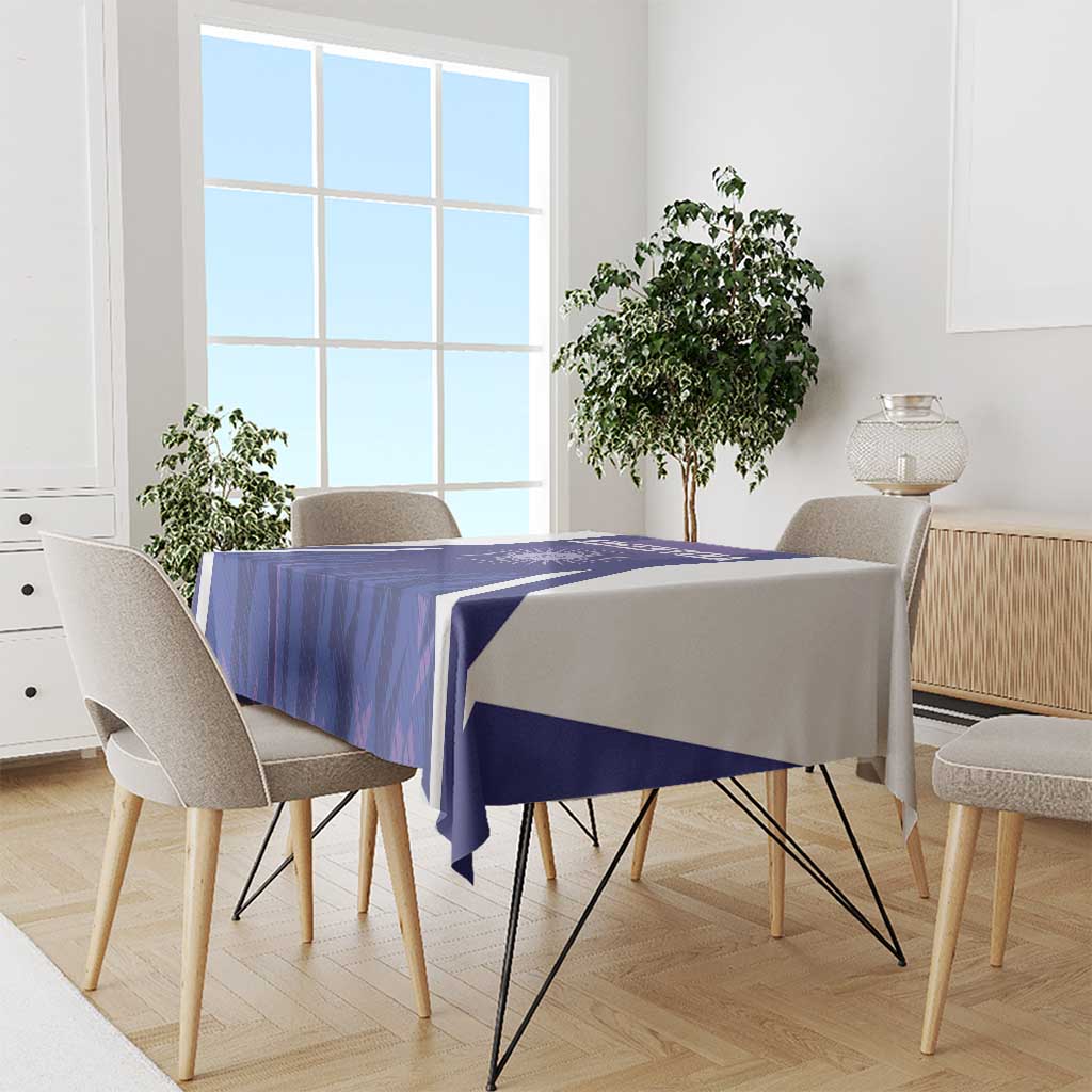 Purple Argentina football tablecloth draped over dining table with matching white side trim