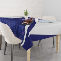 Purple Argentina football tablecloth corner with bold white V stripe and blue pattern