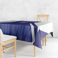 Purple Argentina football tablecloth with white border stripe hanging over bench and table