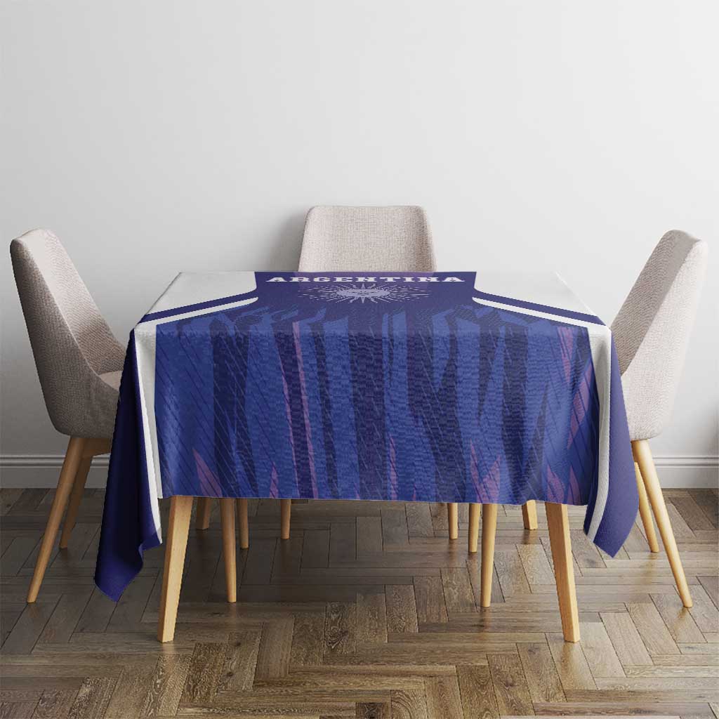 Purple Argentina football tablecloth spread on table center, showing blue pattern and emblem