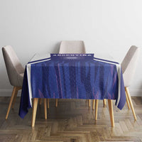Purple Argentina football tablecloth spread on table center, showing blue pattern and emblem