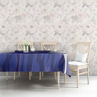 Purple Argentina football tablecloth over dining table with blue pattern and white edge trim