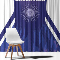 Argentina window curtain fabric with sun emblem and blue-and-white diagonal stripes