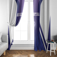 Purple Argentina window curtains with white diagonal stripes on blue fabric panels