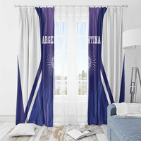 Hanging Argentina window curtains with sun emblem and blue-and-white diagonal stripes