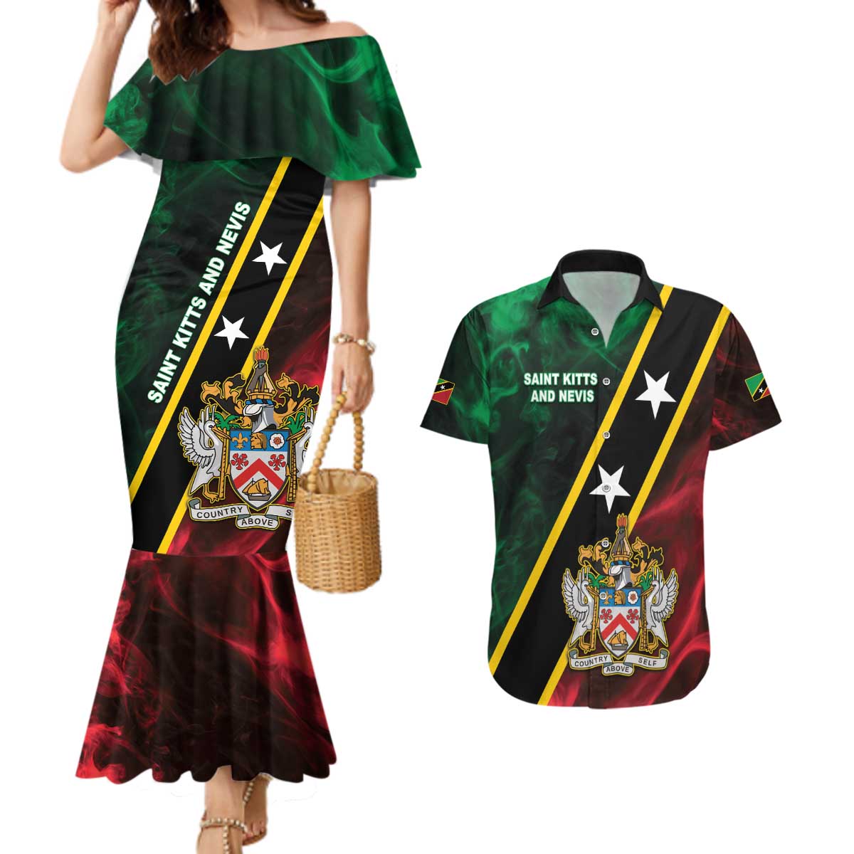 Personalized Saint Kitts and Nevis Couples Matching Mermaid Dress and Hawaiian Shirt Flag Style With Stars