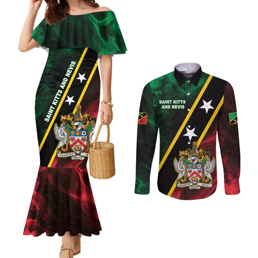 Personalized Saint Kitts and Nevis Couples Matching Mermaid Dress and Long Sleeve Button Shirt Flag Style With Stars