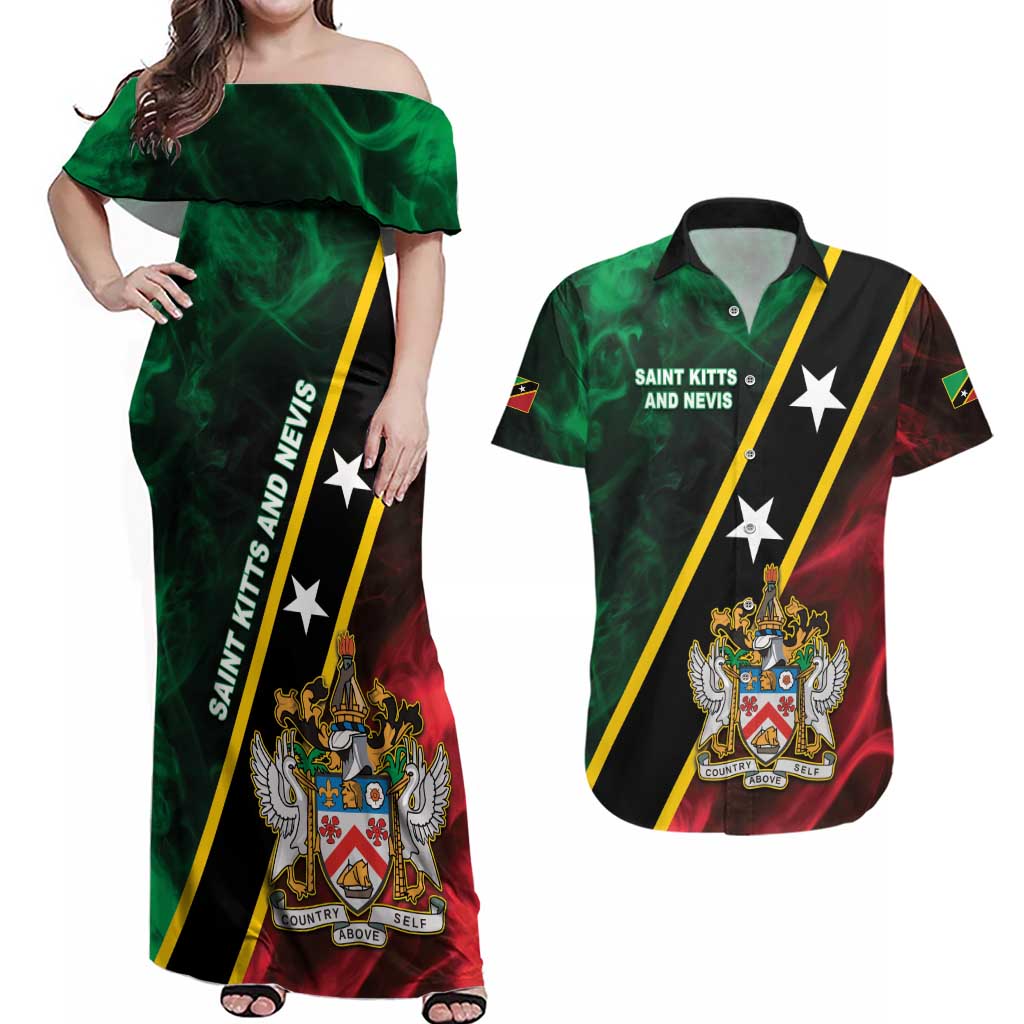 Personalized Saint Kitts and Nevis Couples Matching Off Shoulder Maxi Dress and Hawaiian Shirt Flag Style With Stars