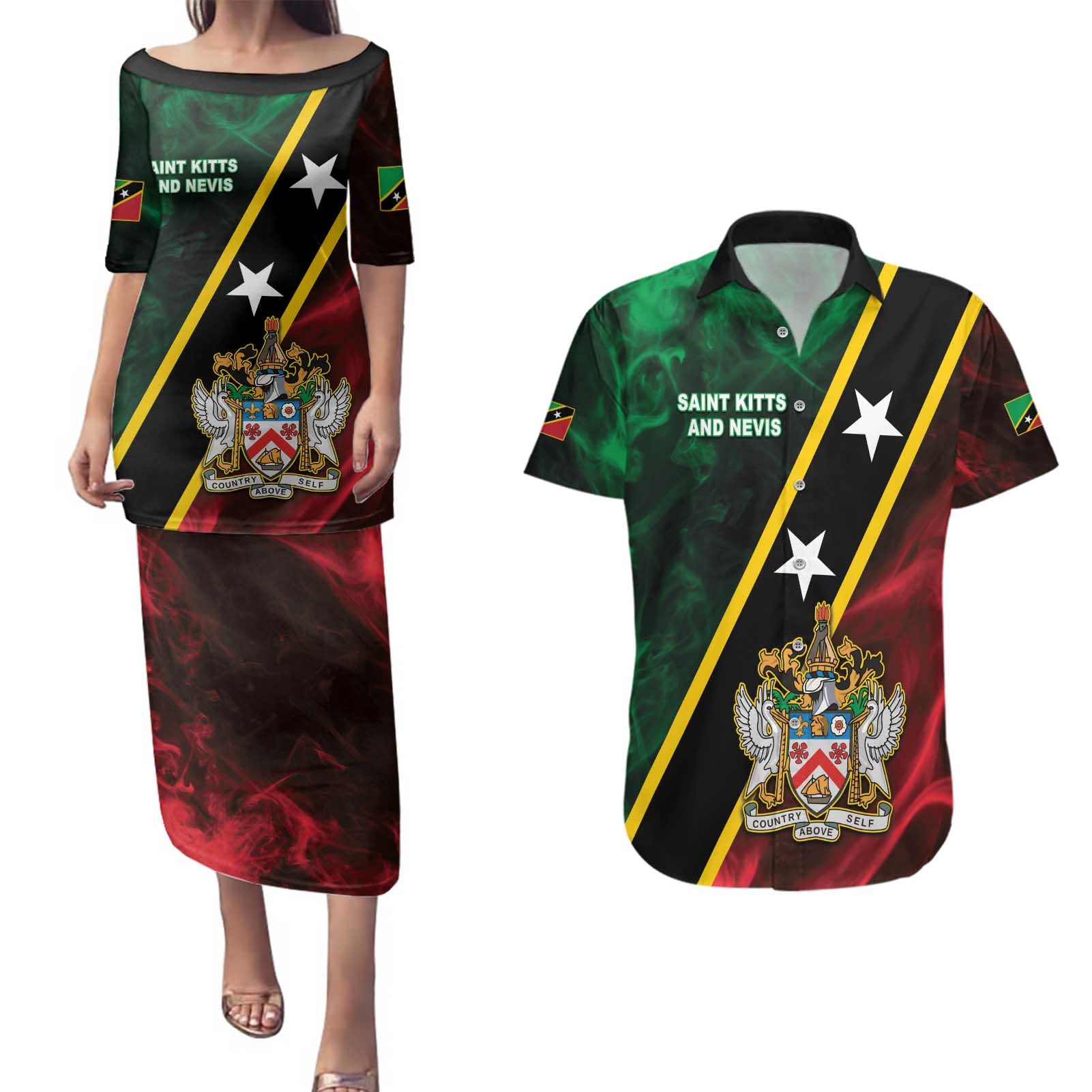 Personalized Saint Kitts and Nevis Couples Matching Puletasi and Hawaiian Shirt Flag Style With Stars