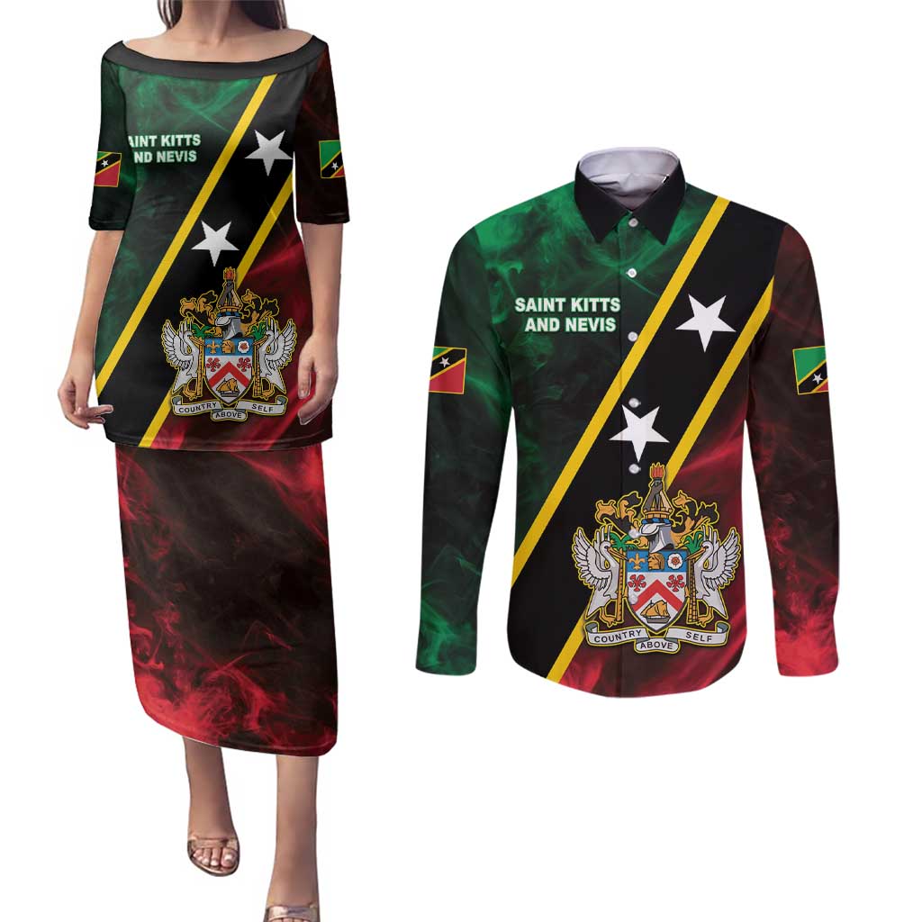 Personalized Saint Kitts and Nevis Couples Matching Puletasi and Long Sleeve Button Shirt Flag Style With Stars