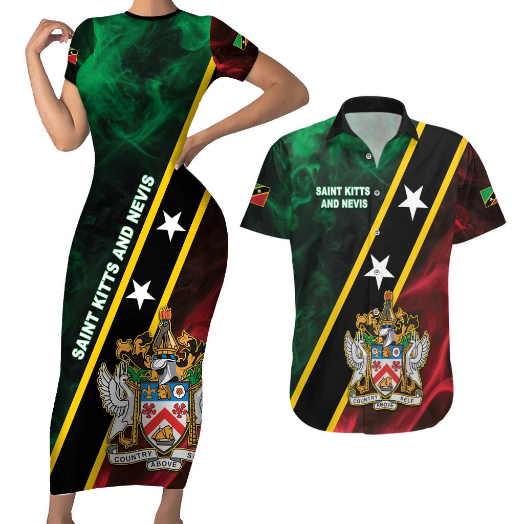 Personalized Saint Kitts and Nevis Couples Matching Short Sleeve Bodycon Dress and Hawaiian Shirt Flag Style With Stars