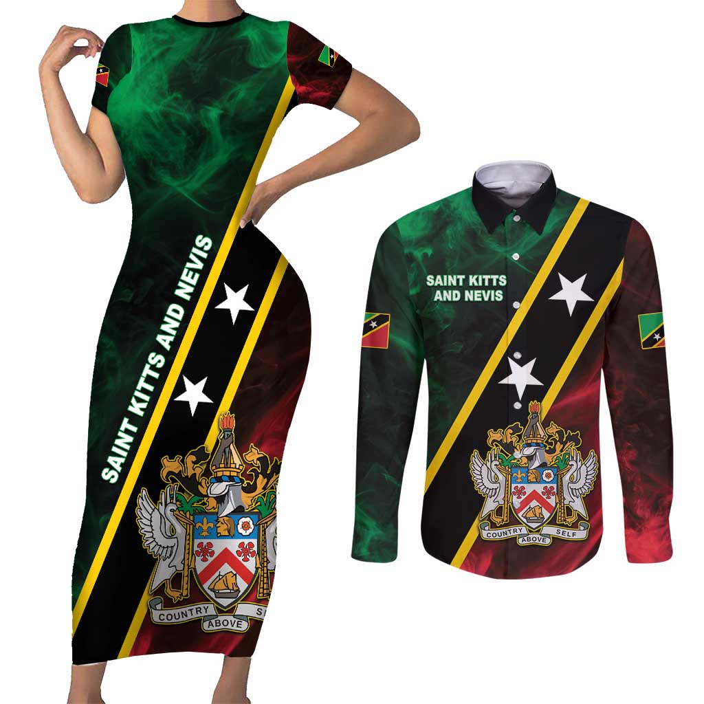 Personalized Saint Kitts and Nevis Couples Matching Short Sleeve Bodycon Dress and Long Sleeve Button Shirt Flag Style With Stars