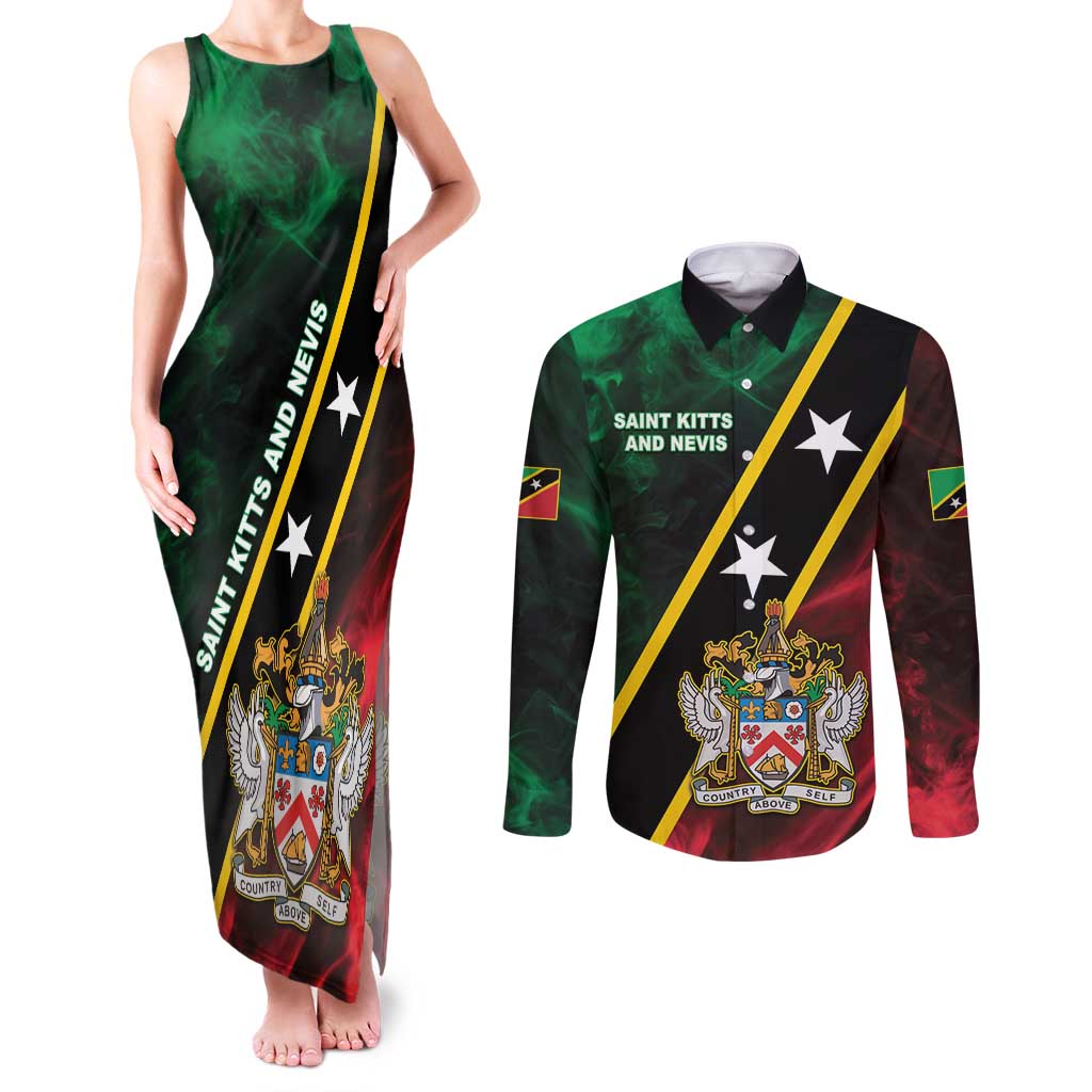 Personalized Saint Kitts and Nevis Couples Matching Tank Maxi Dress and Long Sleeve Button Shirt Flag Style With Stars