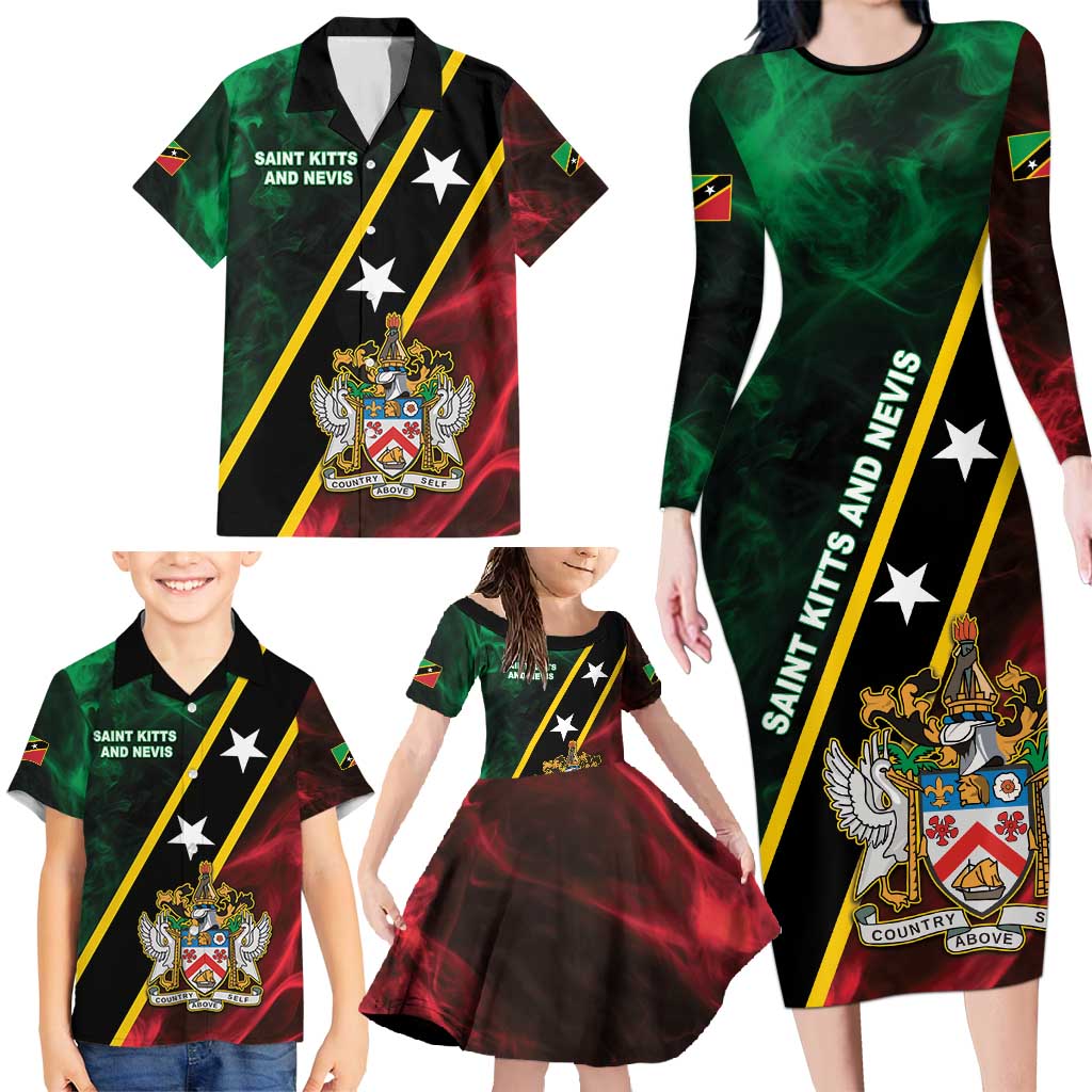 Personalized Saint Kitts and Nevis Family Matching Long Sleeve Bodycon Dress and Hawaiian Shirt Flag Style With Stars