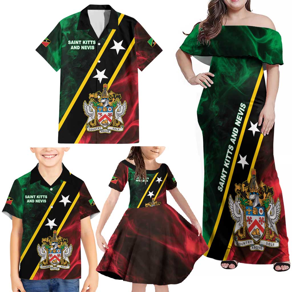 Personalized Saint Kitts and Nevis Family Matching Off Shoulder Maxi Dress and Hawaiian Shirt Flag Style With Stars