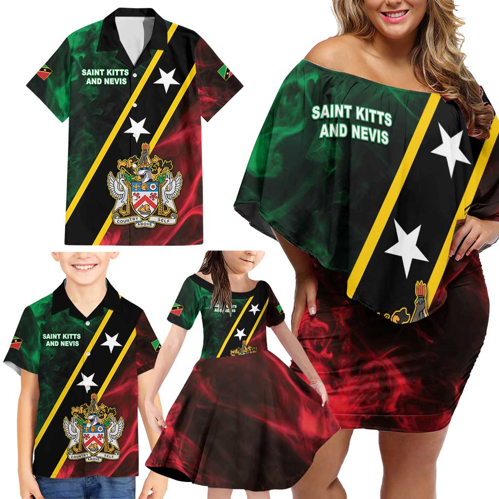 Personalized Saint Kitts and Nevis Family Matching Off Shoulder Short Dress and Hawaiian Shirt Flag Style With Stars